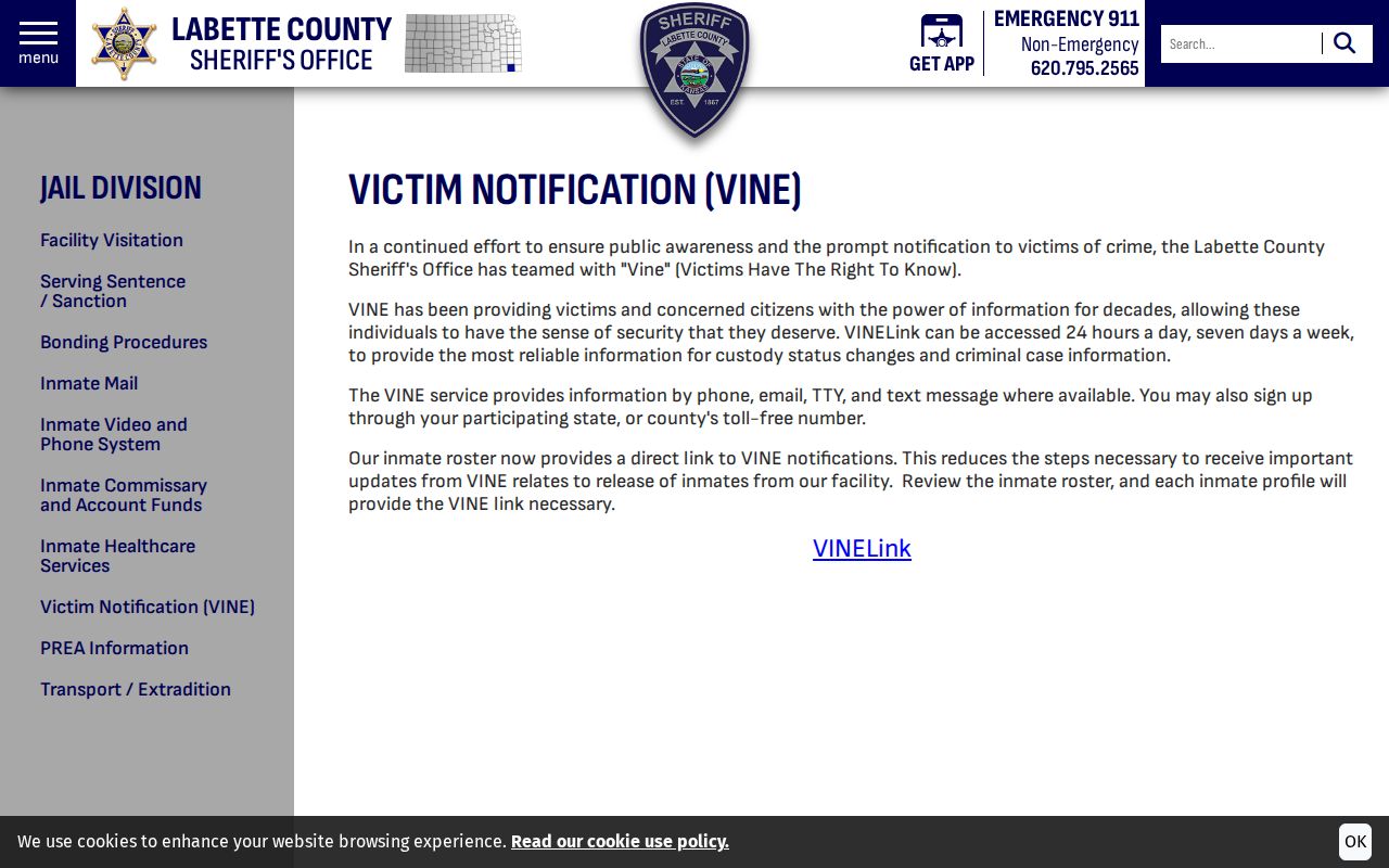 Labette County Sheriff VINE notification page