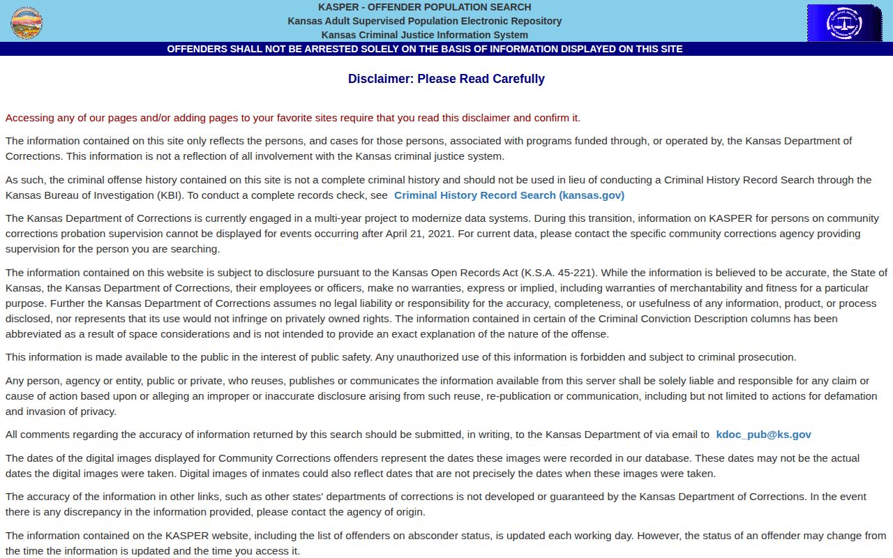 Kansas KASPER offender search form with county and identifier controls