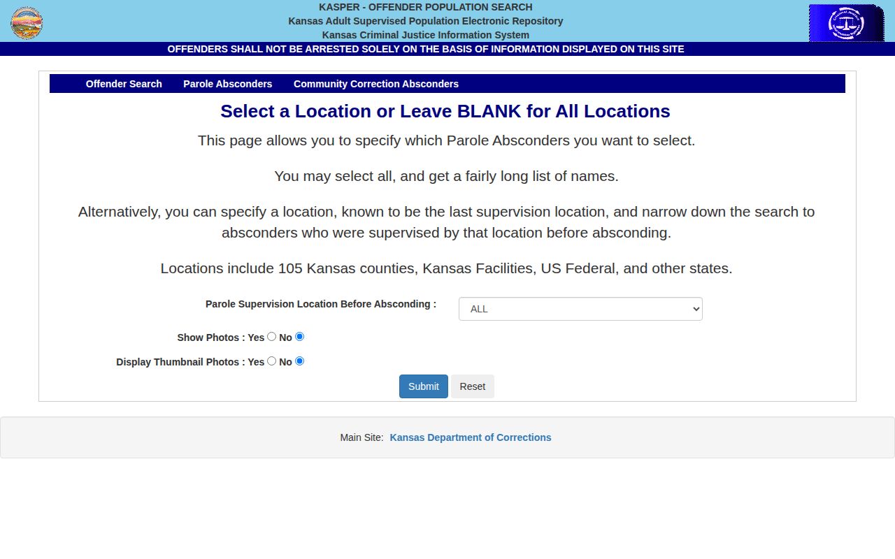 Kansas KASPER parole absconder search page