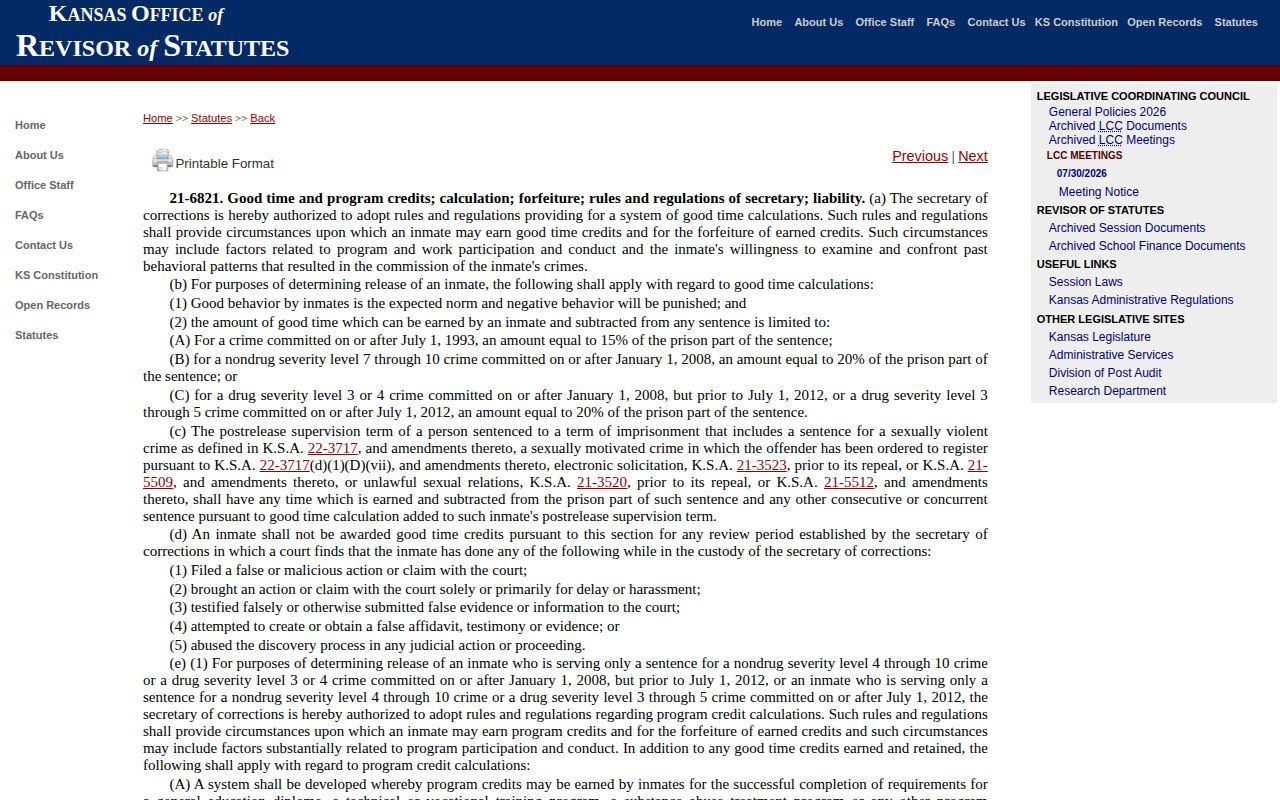 Kansas statute governing good-time and program credit