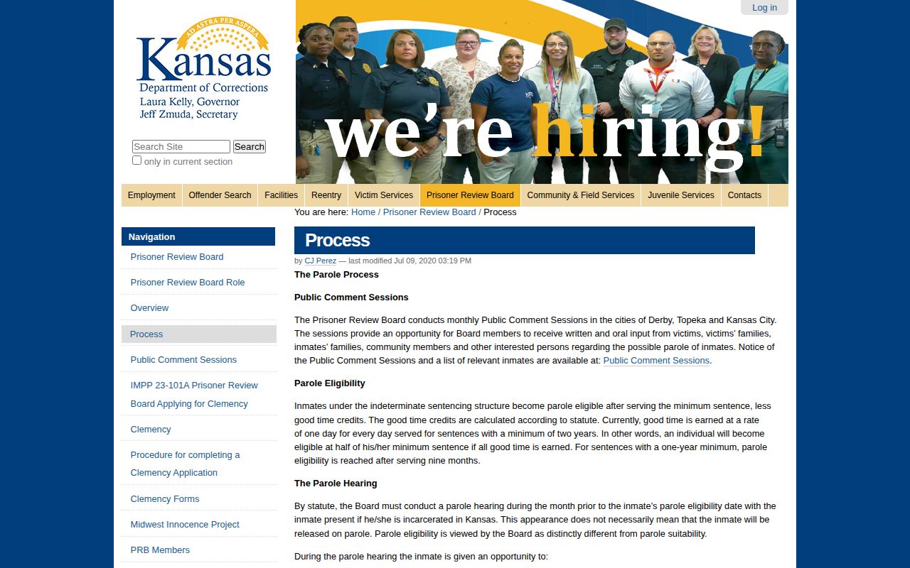 Kansas Prisoner Review Board parole eligibility and outcome terms