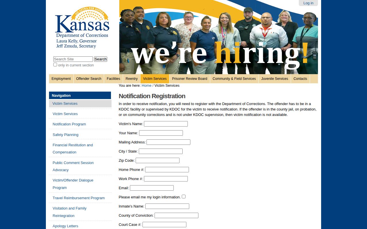 Kansas Department of Corrections notification form